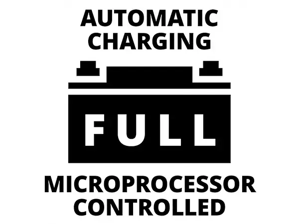 Černobílá grafika se symbolem baterie a textem „Automatic Charging – Full – Microprocessor Controlled“, zobrazující automatické přizpůsobení napětí u nabíječky Einhell CE-BC 10 M.