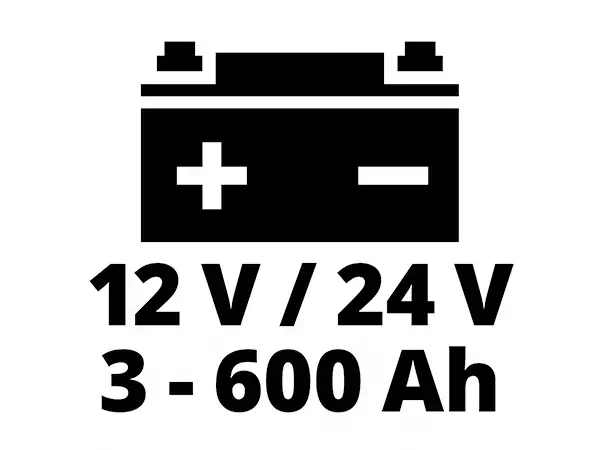 Černobílá grafika se symbolem baterie a textem „12 V / 24 V, 3–600 Ah“ ukazuje napětí a kapacitu baterie nabíječky Einhell CE-BC 30 M