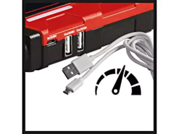 Boční pohled na Einhell Jump-Start Power Bank se dvěma USB porty, funkcí rychlého nabíjení a nabíjecím kabelem.