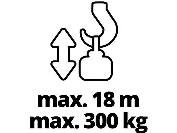 Grafika ukazuje maximální nosnost 300 kg a maximální výšku zdvihu 18 m u lanového navijáku TC-EH 600.