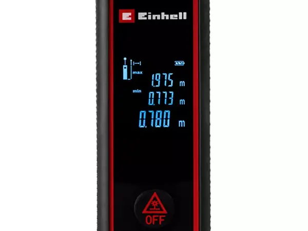 Podsvícený LCD displej laserového měřidla Einhell TC-LD 40 R zobrazuje výsledky měření a symboly.