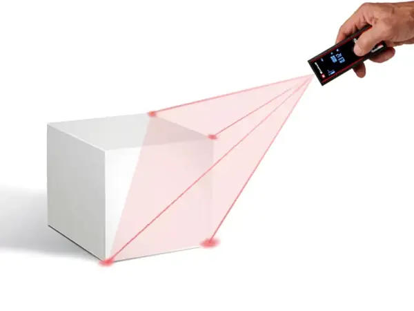 Laserové měřidlo Einhell TC-LD 60 R měří tři hrany kvádru laserovými paprsky pro výpočet objemu.