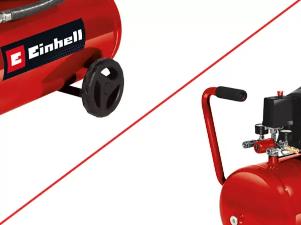 Pogumovaná kola a madlo kompresoru Einhell TC-AC 420/50/10 V pro transport; akumulátor není součástí dodávky (znázorněno přeškrtnutím).