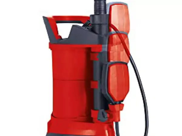 Boční pohled na kalové čerpadlo Einhell GE-DP 3925 ECO s červeným tělem a svisle nastavitelným plovákovým spínačem.