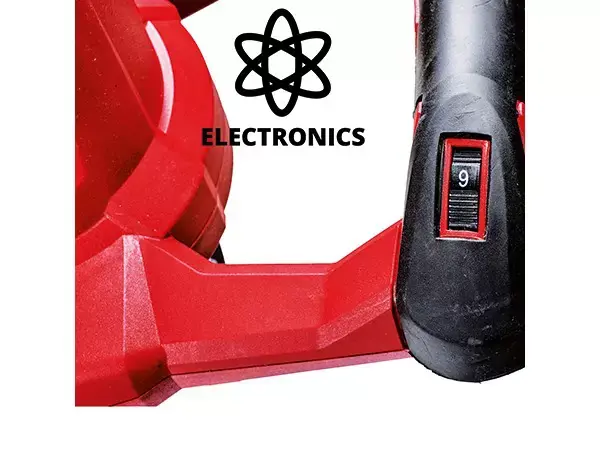 Detail ovládacího kolečka pro regulaci otáček na rukojeti míchadla barev a malty Einhell TE-MX 1600-2 CE Twin se symbolem „Electronics“.