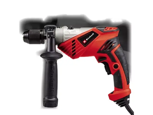 Příklepová vrtačka Einhell TC-ID 650 E s namontovaným přídavným madlem a dorazem hloubky v pohledu zepředu.
