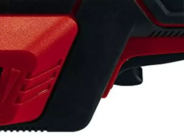 Detailní záběr akumulátorové brusky na sádrokarton Einhell TP-DW 18/225 Li s viditelným aretačním tlačítkem pro nepřetržitý provoz.