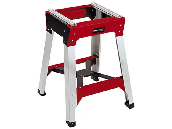 Příslušenství pro pily Einhell E-Stand na bílém pozadí se stabilním kovovým rámem a čtyřmi nohami.