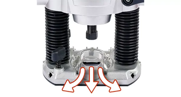 Spodní strana horní frézky Einhell TC-RO 1155 E s adaptérem pro odsávání prachu, zvýrazněná červenými šipkami.