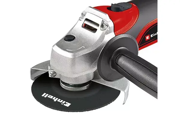 Úhlová bruska Einhell TC-AG 125 s namontovaným krytem kotouče v bočním pohledu.