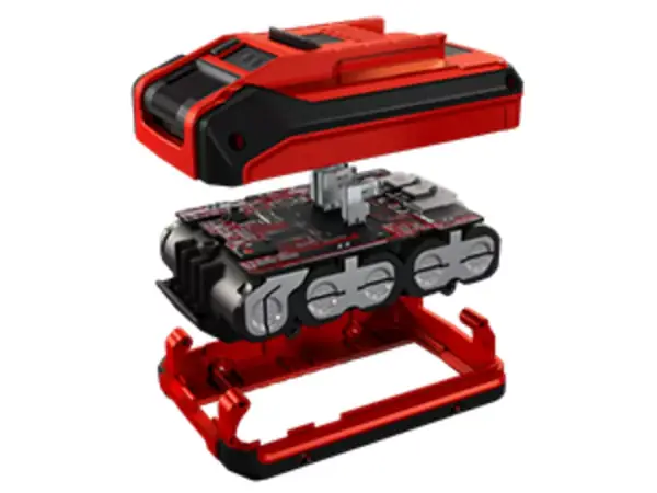 Pohled na akumulátor Einhell Power X-Change v řezu s viditelnými články a elektronickými součástkami.