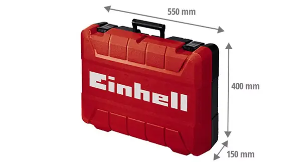 Uzavřený kufr Einhell E-Box M55/40 s rozměry 550 × 400 × 150 mm a boční rukojetí.