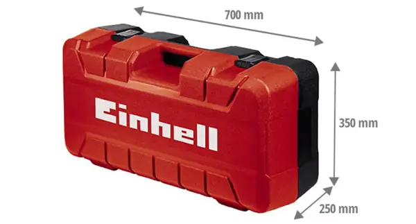 Uzavřený kufr Einhell E-Box L70/35 s rozměry 700 × 350 × 250 mm a integrovaným madlem.