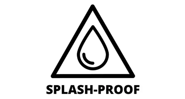 Symbol ochrany proti stříkající vodě: černá kapka v trojúhelníku s textem „SPLASH-PROOF“.