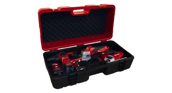Kufr Einhell E-Box L70/35 s několika nástroji ve vložce z pěny, otevřený.