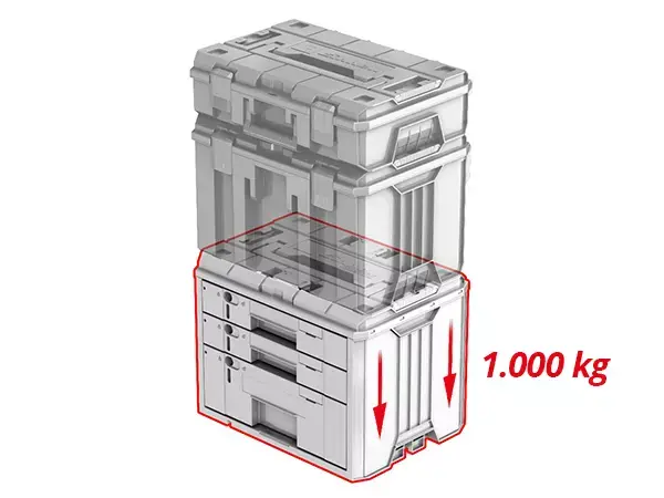 Grafika zobrazující stohované E-Casy a poznámka s max. nosností „1 000 kg“.